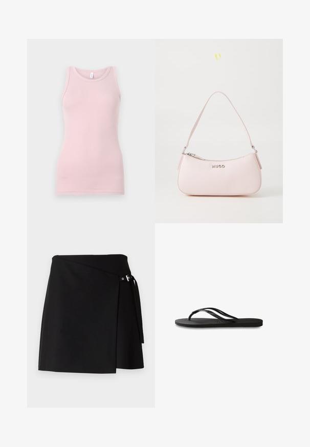 Top cu bretele subțiri, de culoare roz deschis, realizat dintr-un material moale și elastic. Dispune de un decolteu rotund și bretele înguste, având o textură fină și o formă ajustată.; Fustă închisă la culoare, dintr-un material texturat, cu un detaliu cu cataramă pe lateral și o curea lungă. Prezintă o croială dreaptă și linii curate.; Încălțăminte tip flip-flop neagră cu o talpă din cauciuc texturat, două bretele subțiri și un detaliu discret, embosat cu logo pe bretea.; Geantă de mână din piele roz, cu un design curbat, închidere cu fermoar și curea de umăr. Prezintă un logo argintiu în față.