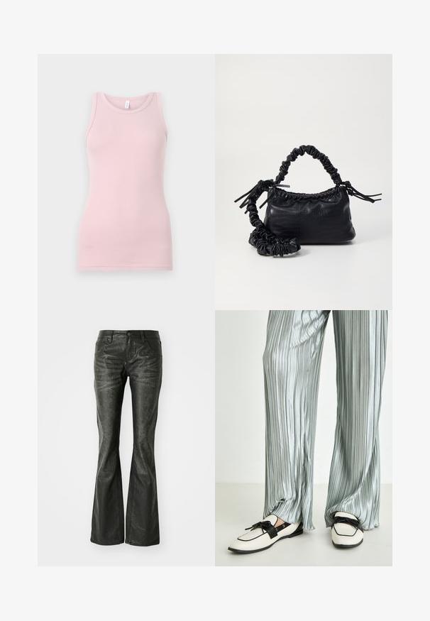 Light pink tank top made of soft, stretchy fabric. Features a round neckline and narrow shoulder straps, with a smooth texture and fitted shape.; Black faux leather flared jeans with front pockets, a metal button closure, and a slightly textured surface. Straight leg with a long cut.; Light silver pleated trousers paired with cream slip-on shoes featuring a black strap and bow detail, with a flat sole.; Black faux leather handbag with a crocodile texture, cinched top, and a scrunched strap. Appears soft and compact in design.