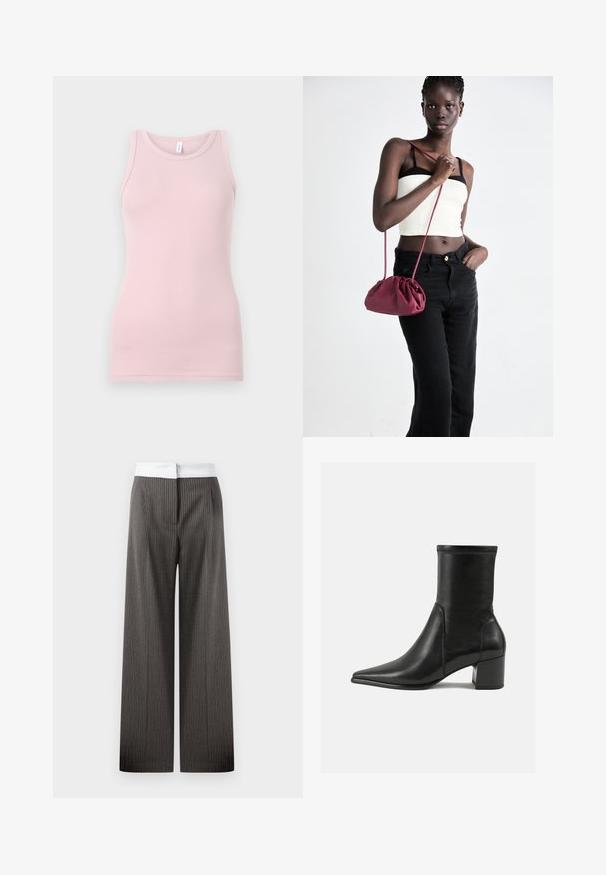 Gaiši rozā bezpiedurkņu tops, kas izgatavots no mīkstas, elastīgas auduma. Tam ir apaļa kakla izgriezuma forma un šauras plecu lences, ar gludu tekstūru un pieguļošu siluetu.; Platas kājas bikses tumši pelēkā krāsā ar vertikālām strīpām. Jostasvieta ir balta un elastīga, radot kontrastējošu detaļu.; Melnas potītes zābaki, kas izgatavoti no gludas ādas, ar smailu purngalu, blokveida papēdi un izteiktu paceltu šuvumu augšējā malā.; Burgundijas mīkstas auduma soma ar sakoptu dizainu un garu siksnu, nēsāta uz krūšu. Modelis valkā baltu piegriezuma topu un melnas džinsus.