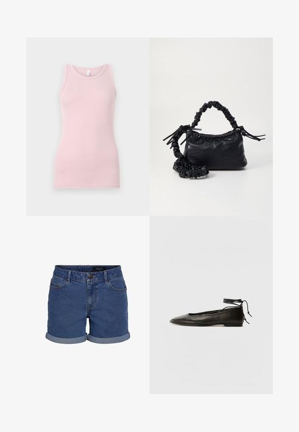 Svetloružový tielko vyrobené z mäkkého, elastického materiálu. Má okrúhly výstrih a úzke ramienka, s hladkou štruktúrou a priliehavým strihom.; Džínové šortky v tmavom modrom odtieni s klasickým strihom. Majú rolované lemy, dve predné vrecká a zapínanie na gombík. Hladká textúra.; Čierne kožené baletky s špicatou špičkou, viazaním okolo členka a plochou podrážkou, s hladkou textúrou a minimalistickým dizajnom.; Čierna umelá kožená kabelka s kroko vzorom, sťahovaným vrchom a zhnutým popruhom. Vyzerá mäkko a kompaktné v dizajne.