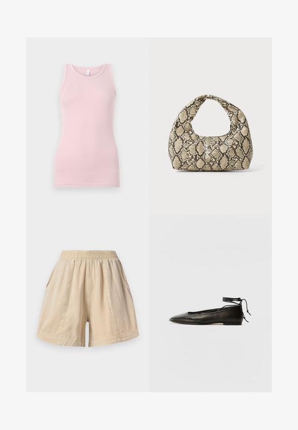 Light pink tank top made of soft, stretchy fabric. Features a round neckline and narrow shoulder straps, with a smooth texture and fitted shape.; Beige elastic waist shorts with side pockets and visible seam lines, made from lightweight fabric.; Black leather ballet flats with a pointed toe, ankle tie, and flat sole, featuring a smooth texture and minimalistic design.; Snake-print handbag with a curved handle. Made from textured, beige and brown materials, featuring a distinctive diamond pattern.