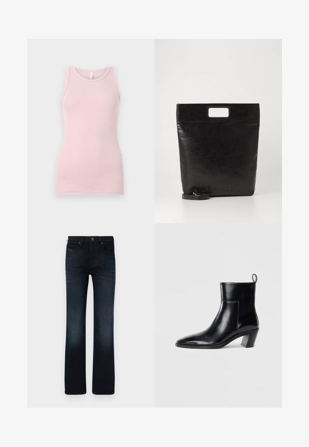 Svetlo roza majica na naramnice, izdelana iz mehkega, raztegljivega materiala. Ima okroglo ovratnico in ozke naramnice, z gladko teksturo in prilegajočo se obliko.; Temno modri džinsi iz denima z ravnim krojem, petimi žepi in subtilnim bledenjem na stegnih in spodnjih nogah.; Črne usnjene gležnjarje s koničastim prstom, geometrijsko oblikovanim zloženim peto in zanko na hrbtni strani. Gladka tekstura in eleganten dizajn.; Črna usnjena torba s kvadratnim ročajem, ki ima teksturirano obdelavo in vtisnjen logotip. Vključuje odstranljiv trak.