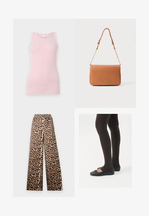 Gaiši rozā bezpiedurkņu tops, kas izgatavots no mīkstas, elastīgas auduma. Tam ir apaļa kakla izgriezuma forma un šauras plecu lences, ar gludu tekstūru un pieguļošu siluetu.; Platas kājas leoparda raksta bikses bēšā un melnā krāsā, ar elastīgu jostu un gludu faktūru.; Melnas plakano formas kurpes ar mazu loku uz pirksta, apvienotas ar tumši brūnām ribotām zeķubiksēm. Kurpēm ir gluda tekstūra un zems profils.; Brūna sintētiskās ādas plecu soma ar gludu tekstūru, zelta krāsas ķēdes siksna un izspiestu logotipu priekšā. Taisnstūra forma.