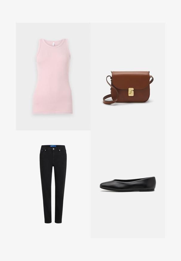 Svijetloružičasti majica bez rukava napravljena od mekog, rastezljivog materijala. Ima okrugli izrez i uske naramenice, s glatkom teksturom i prilagođenim oblikom.; Crne traperice od denima s uskim fitom, dizajnom pet džepova, patentnim zatvaračem i metalnim dugmetom za zatvaranje. Sadrže suptilno šivanje i srednje visoki struk.; Paul Smith TOPANGA - Balerinke - black; Smeđa kožna torba s preklopom, zlatnim detaljima, remenom za nošenje preko ramena i glatkom teksturom. Kompaktni pravokutni oblik.