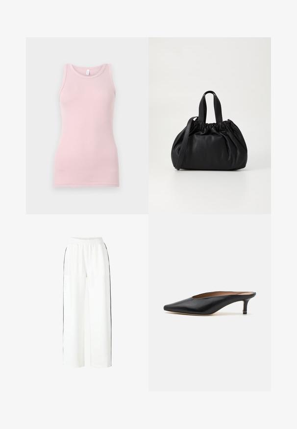 Lichtroze tanktop gemaakt van zachte, rekbare stof. Heeft een ronde halslijn en smalle schouderbandjes, met een gladde textuur en een aansluitende pasvorm.; Witte broek met wijde benen, uitgerust met een elastische tailleband en zwarte zijstrepen. Glad stoffen textuur met een relaxed fit door de hele benen.; Zwarte leren muiltjes met een puntige neus en een lage, blokhak. Glad oppervlak met een gestroomlijnd ontwerp. Open achterkant met minimale details.; Zwarte leren handtas met een geplooid ontwerp aan de bovenkant, voorzien van twee korte handvatten en een lange verstelbare schouderband. Gladde textuur, ronde vorm.