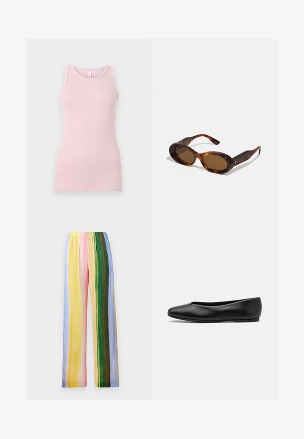 Hellrosa Tanktop aus weichem, dehnbarem Stoff. Es hat einen runden Halsausschnitt und schmale Träger, mit einer glatten Textur und einer figurbetonten Passform.; Weite Hosen mit Gummizugbund, versehen mit vertikalen Streifen in Pastellfarben: Gelb, Rosa, Grün, Blau und Helllila. Glatte Textur.; Paul Smith TOPANGA - Klassischer Ballerina - black; Schildpatt-Sonnenbrille mit ovalen Gläsern, braunem Farbton und goldenen Akzenten an den Bügeln. Dicke Rahmen mit glänzender Oberfläche und glatter Textur.; Braune, krokodilgeprägte Lederhandtasche mit zylindrischer Form, goldfarbener Hardware und einem abnehmbaren Tragegurt mit Nieten.
