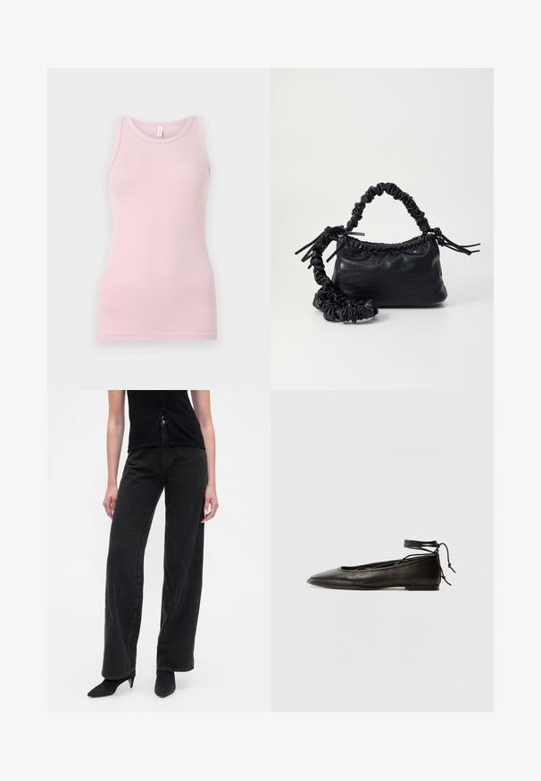 Svijetloružičasti majica bez rukava napravljena od mekog, rastezljivog materijala. Ima okrugli izrez i uske naramenice, s glatkom teksturom i prilagođenim oblikom.; Crne traperice širokih nogavica izrađene od trapera s visokim strukom, koje imaju kopčanje na gumbe i opušteni kroj, uparene s crnim šiljastim potpeticama.; Crne kožne baletanke s oštrim prstom, vezanjem oko članaka i ravnim potplatom, s glatkom teksturom i minimalističkim dizajnom.; Crna torba od umjetne kože s teksturom krokodila, s cinčanim vrhom i naboranom trakom. Izgleda mekano i kompaktno u dizajnu.