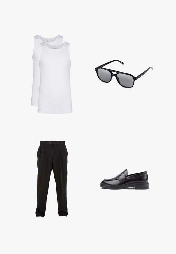 Hvide bomulds tanktoppe, ærmeløs design, rund hals, ensartet tekstur, med et blødt, let stof. To stykker vist.; Sorte bukser med et glat stof, der har frontfolder, en knap i taljen og tapered ankler. Klassisk skræddersyet silhuet.; Sorte læder loafers med en lav ribbet hæl, rund tå, dekorerende syede detaljer og en frontrem. Glat tekstur.; Sorte solbriller med rektangulære rammer, gråt tonede linser og en broudskæring design. Slankt, glat plastmateriale med smalle stænger.