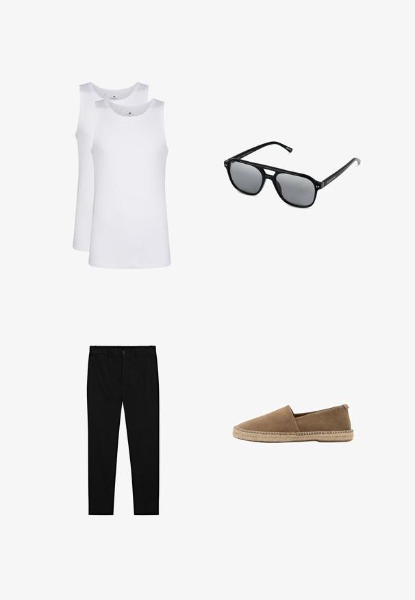 Witte katoenen tank tops, mouwloos ontwerp, ronde hals, effen textuur, gemaakt van een zachte, lichtgewicht stof. Twee stuks tentoongesteld.; Zwarte op maat gemaakte broeken met knoopsluiting, riemlussen en smal recht gesneden benen, weergegeven op een witte achtergrond.; Bruine suède instapschoen met een spitse neus, voorzien van een geweven jute zool en een kleine hak aan de achterkant voor ondersteuning. Soepele textuur en minimalistisch ontwerp.; Zwarte zonnebril met rechthoekige montuur, grijs getinte glazen en een uitgesneden ontwerp bij de neusbrug. Strak, glanzend kunststof materiaal met smalle veren.