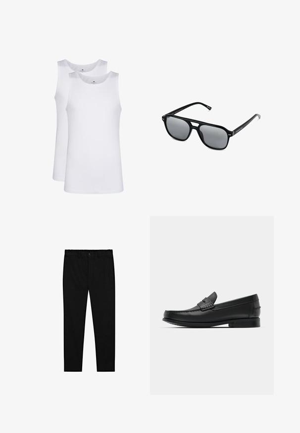 Vita bomullstanktops, ärmlös design, rund hals, slät textur, med ett mjukt, lätt tyg. Två stycken visas.; Svarta skräddarsydda byxor med knäppning, bältesömmar och smala raka ben, visade mot en vit bakgrund.; Svarta läderskor med rund tå, detaljerad sömnad och en låg, fyrkantig klack. Slät textur och minimalistisk design.; Svarta solglasögon med rektangulära bågar, gråtonade linser och en design med urtag i näsbryggan. Slank, glänsande plastmaterial, med smala skalmar.