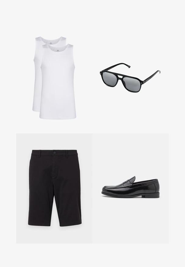 Bílé bavlněné tílka, bez rukávů, kulatý výstřih, hladká textilie, vyrobená z měkkého, lehkého materiálu. Zobrazeny dva kusy.; Černé šortky vyrobené z lehkého materiálu. Mají zapínání na knoflík, poutka na opasek, dvě boční kapsy a rovný střih.; Černé kožené mokasíny s kulatou špičkou, dekorativním prošíváním a nízkým podpatkem. Hladký povrch s jemným leskem. Klasický design bez zdobení.; Černé sluneční brýle s obdélníkovými rámy, šedými tónovanými skly a designem s výřezem ve střední části. Hladký, lesklý plastový materiál, s úzkými stranami.