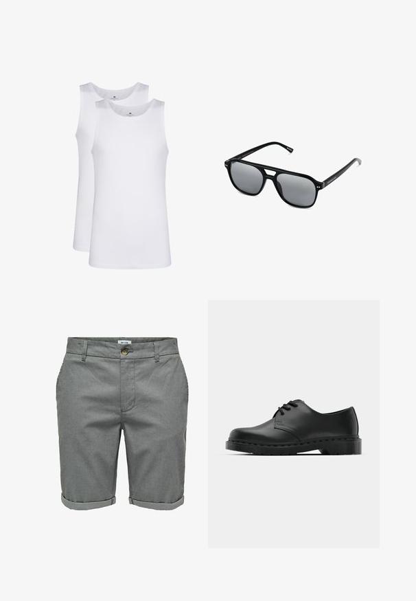 Hvide bomulds tanktoppe, ærmeløs design, rund hals, ensartet tekstur, med et blødt, let stof. To stykker vist.; Grå shorts lavet af tekstureret stof, med knaplukning, sidelommer og opfoldede manchetter for et skræddersyet look.; Sorte læder oxford-sko med snørebåndsdesign, rund tå, flad gummisål og subtil syning langs overdelen.; Sorte solbriller med rektangulære rammer, gråt tonede linser og en broudskæring design. Slankt, glat plastmateriale med smalle stænger.