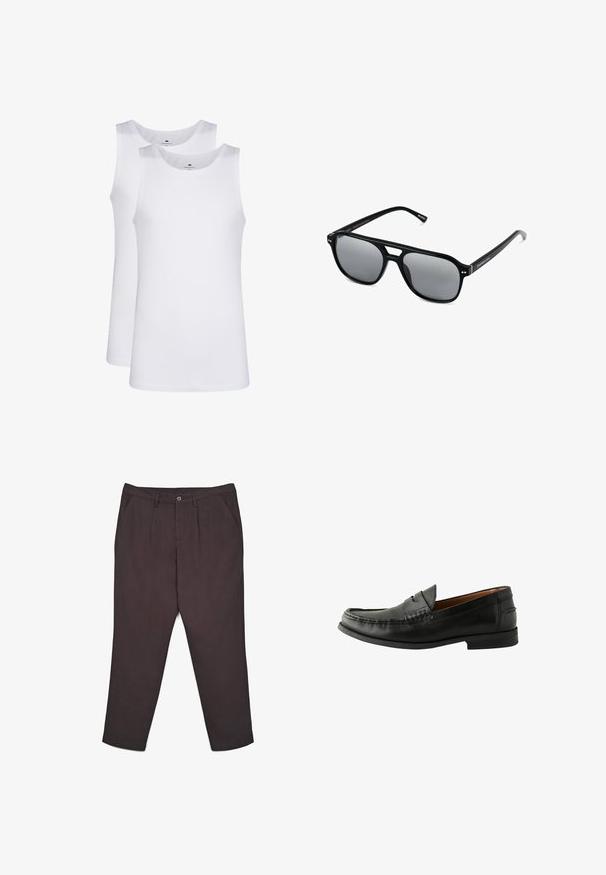 Weiße Baumwoll-Tanktops, ärmelloses Design, runder Ausschnitt, schlichte Textur, aus einem weichen, leichten Stoff. Zwei Stücke ausgestellt.; Dunkelgraue Hosen aus weichem Stoff, mit einem Knopfverschluss, zwei Seitentaschen und einem geraden Schnitt.; Schwarze Lederloafers mit glatter Oberfläche, abgerundetem Zehenbereich, handgestochener Detailarbeit und einer niedrigen Gummisohle. Klassisches und vielseitiges Design.; Schwarze Sonnenbrille mit rechteckigen Rahmen, grauen getönten Gläsern und einer Aussparung im Nasensteg. Schlanker, glänzender Kunststoff, mit schmalen Bügeln.