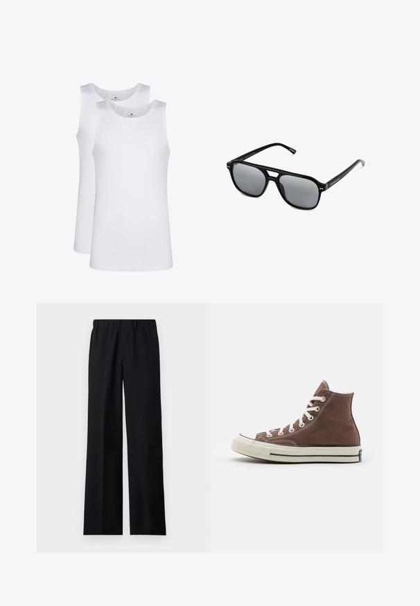 Witte katoenen tank tops, mouwloos ontwerp, ronde hals, effen textuur, gemaakt van een zachte, lichtgewicht stof. Twee stuks tentoongesteld.; sandro LARGE - Broek - noir; Hoge bruine canvas sneaker met witte veters, rubberen teenkap en zwarte streep op de zool. Kenmerkt zich door witte stiksels en een klassiek ontwerp.; Zwarte zonnebril met rechthoekige montuur, grijs getinte glazen en een uitgesneden ontwerp bij de neusbrug. Strak, glanzend kunststof materiaal met smalle veren.