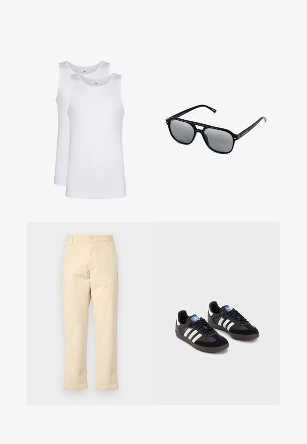 Witte katoenen tank tops, mouwloos ontwerp, ronde hals, effen textuur, gemaakt van een zachte, lichtgewicht stof. Twee stuks tentoongesteld.; Beige katoenen broek met een rechte pasvorm, sluiting met een knoop aan de voorkant en twee zijzakken, met een subtiele geribbelde structuur.; Zwarte sneakers met een bovenwerk van suède en synthetisch materiaal, voorzien van drie witte strepen, een gestructureerde rubberen zool en een blauw logo-label op de tong.; Zwarte zonnebril met rechthoekige montuur, grijs getinte glazen en een uitgesneden ontwerp bij de neusbrug. Strak, glanzend kunststof materiaal met smalle veren.