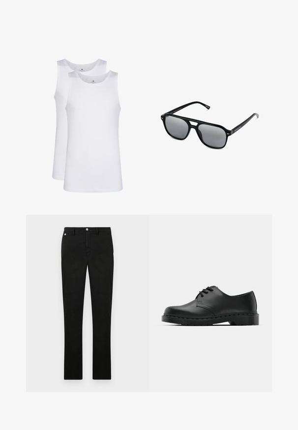 Top in cotone bianco, design senza maniche, collo rotondo, texture liscia, realizzato in un tessuto morbido e leggero. Due pezzi esposti.; Pantaloni neri a gamba dritta realizzati in tessuto liscio, con chiusura a bottone metallico e passanti per cintura. Nessun motivo o dettaglio degno di nota.; Scarpa oxford in pelle nera con design con lacci, punta arrotondata, suola piatta in gomma e dettagli di cucitura discreti lungo la parte superiore.; Occhiali da sole neri con montatura rettangolare, lenti grigie oscurate e design con intaglio sul ponte. Materiale plastico lucido e slanciato, con tempie sottili.