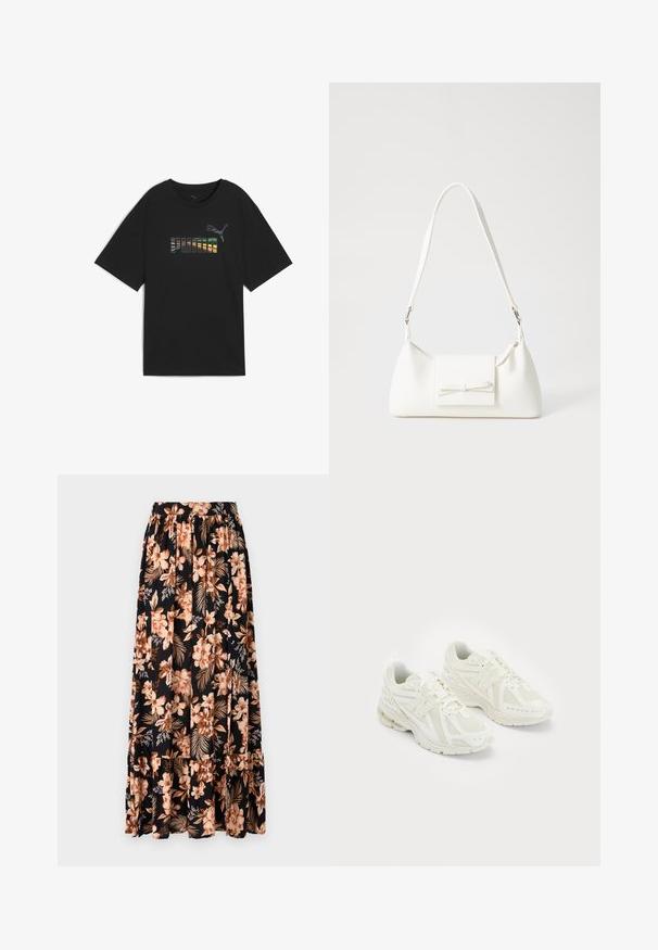 Melns t-krekls ar brīvu piegriezumu, uz kura krūtīm ir daudzkrāsaina "PUMA" teksta grafika un logo. Izgatavots no mīksta kokvilnas auduma.; Melna ziedu garā svārku kleita ar persiku un krēmkrāsas ziediem un zaļām lapām. Tam ir savilkta jostasvieta un krokota apakša, kas piešķir papildus struktūru.; Baltie sporta apavi ar sietveida un sintētiskiem materiāliem, ar auklām, mīkstināta apmales, un teksturētu zoli labākai saķerei. Vieglas konstrukcijas.; Balta sintētiska soma ar trīsstūrveida formu, plakanu priekšējo vāciņu un loku detaļu, regulējamu siksnu, gludu tekstūru un minimālistisku dizainu.