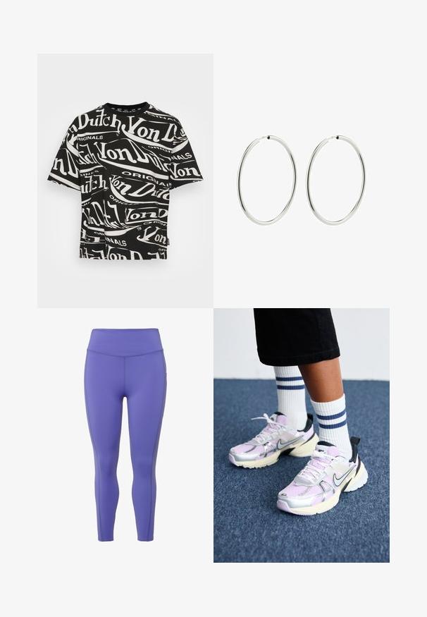 Czarna koszulka z krótkim rękawem, z wyraźnym białym napisem "Von Dutch" w różnych rozmiarach i orientacjach. Okrągły dekolt, wykonana z bawełnianego materiału o gładkiej teksturze.; Fioletowe legginsy wykonane z elastycznego materiału, z wysokim stanem, posiadające płaskie szwy i dopasowany krój wzdłuż nóg.; Sneakers Nike z siateczkową cholewką w kolorze lawendowym, srebrnymi i czarnymi akcentami oraz grubą kremową podeszwą. Połączone z białymi skarpetkami w niebieskie paski.; Srebrne kolczyki w kształcie kół z gładkim, wypolerowanym wykończeniem. Okrągły kształt, jednolita szerokość, zaprojektowane z myślą o łatwym zapięciu. Proste i eleganckie.