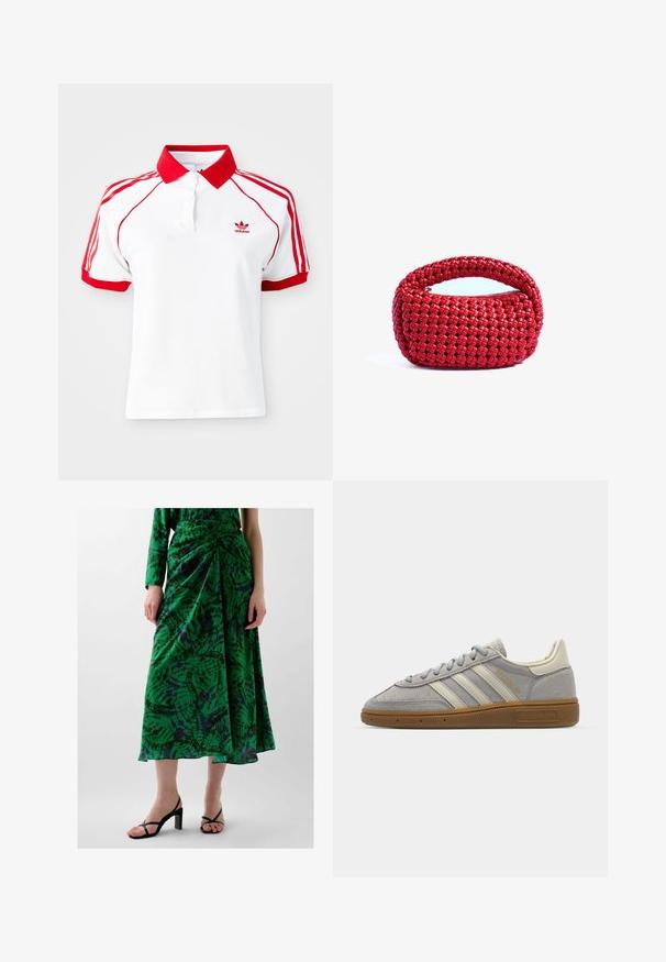 Valkoinen polo-paita, jossa on punainen kaulus ja punaiset kolmivyöruusukkeet hartioilla. Sisältää nappilistan ja pienen punaisen logon rinnassa.; Vihreä kuvioitu hame, jossa on rypytetty muotoilu, valmistettu kevyestä kankaasta. Ominaisuuksiin kuuluvat violetit ja mustat yksityiskohdat. Yhdistetty mustien korkokenkien kanssa.; Harmaat mokka-tennarit, joissa on vaaleanharmaat nahkaviivat ja kumipohja. Ominaisuuksiin kuuluvat nauhakiinnitys ja huomaamaton brändäys kielen kohdalla.; Punainen kudottu käsilaukku, jossa on pyöreä yläkahva ja vetoketjusuljenta. Laukku on valmistettu pehmeästä ja joustavasta materiaalista, ja siinä on tekstuuriin perustuva, toisiinsa punottu kuvio.