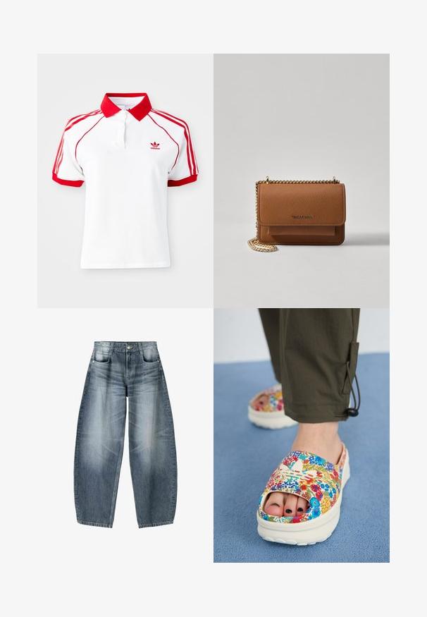 Bílý polo shirt s červeným límečkem a červenými třemi pruhy na ramenech. Obsahuje knoflíkovou légu a malé červené logo na hrudi.; Džínsy s širokými nohavicemi vyrobené z světle modrého denimového materiálu s vybledlým vzhledem, s pěti kapsami, zapínáním na knoflík a minimálními stehy.; Dívčí slip-on boty s květinovým vzorem a otevřenou špičkou, vybavené bílou gumovou podešví a barevným textilním svrškem s různými květinami.; Hnědá texturovaná kožená kabelka přes rameno se zlatým řetízkovým popruhem a klopnovým uzavíráním. Přední strana obsahuje detail loga a kapsu pod klopou.
