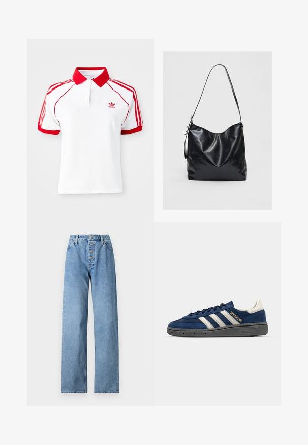Bela polo majica z rdečim ovratnikom in rdečimi trakom s tremi črtami na ramenskih delih. Ima gumbno zapenjanje in majhen rdeč logotip na prsih.; Svetlo modri traper hlače z visokim pasom, širokim krojem, petimi gumbi in zankami za pas. Tkanina ima gladko teksturo z minimalnim zbledelostjo.; Mornarsko usnjeno teniso v temi z belimi črtami, z zlatim detajlom "Spezial", sivo teksturirano podplatom, zaobljenim nosom in usklajenimi vezalkami. Klasičen dizajn.; Črna usnjena torba za ramo z mehko, teksturirano površino. Ima ukrivljen dizajn in en sam nastavljiv trak. Brez dodatne opreme.
