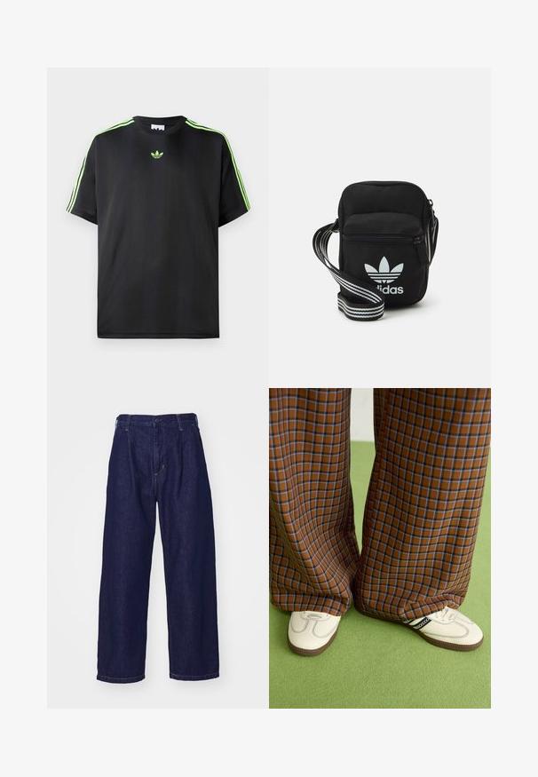 Črna majica iz gladkega materiala s krožnim izrezom, na ramenih pa ima tri zelene črte in majhen zelen logotip na prsih.; Temno modri kavbojki, širokega kroja, visoke pasu, z gumbom za zapiranje in klasičnim petim žepnim stilom. Gladka tekstura, subtilno šivanje.; Rjave in modre kariraste hlače širokih nogavic, v kombinaciji z belimi čevlji, ki imajo črne poudarke in teksturirane podplate, na zeleni podlagi.; Črna tkaninska torbica čez ramo z zadrgo, ki vsebuje belo Adidasovo logo in pridelano naramnico z več črtami za enostavno nošenje.