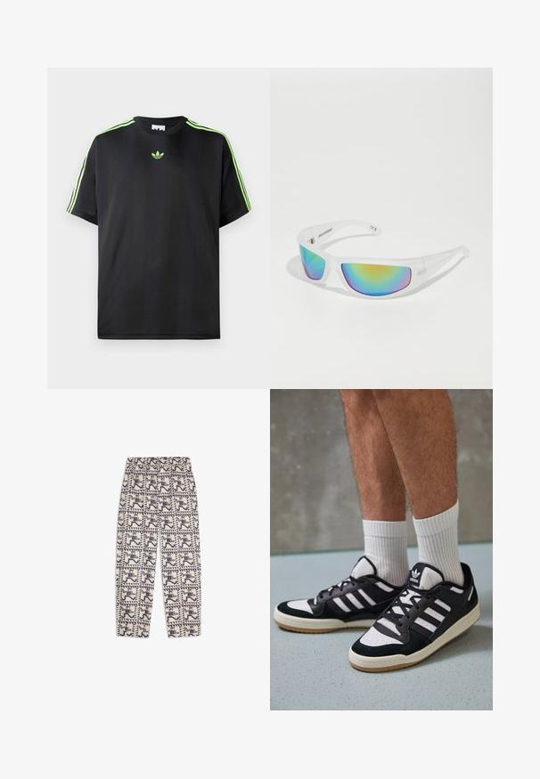 Black T-shirt made of smooth fabric with a crew neckline, featuring three green stripes on the shoulders and a small green logo on the chest.; Beige pants with elastic waistband, button closure, and black geometric pattern featuring stylized running figures in squares.; Black and white sneakers with a suede and leather upper, featuring three white stripes, a perforated toe, and a gum rubber sole.; Sunglasses with a transparent white frame and reflective multicolored lenses. Features sporty design and streamlined shape.