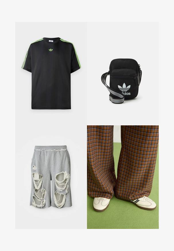 Fekete póló sima anyagból, kerek nyakkivágással, három zöld csíkkal a vállakon és egy kis zöld logóval a mellkason.; Szürke pamut rövidnadrág, jellegzetes kopott lyukakkal és rojtos szélekkel. Rugalmas derékkal és laza szabással rendelkezik.; Barna és kék kockás, bőrt lábú nadrág, fehér cipővel, fekete részletekkel és texturált talppal, zöld háttér előtt.; Fekete anyagú, keresztpántos táska cipzáras záródással, fehér Adidas logóval és csíkos állítható pánttal a könnyű hordozás érdekében.