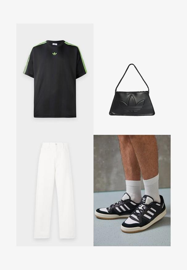 Zwarte T-shirt van gladde stof met een ronde halslijn, voorzien van drie groene strepen op de schouders en een klein groen logo op de borst.; Witte denim broek met een hoge taille, rechte pijpen, zichtbare stiksels, vijf zakken en een metalen knoopsluiting.; Zwart-witte sneakers met een bovenwerk van suede en leer, voorzien van drie witte strepen, een geperforeerde neus en een rubberen gumzool.; Zwarte leren handtas met een trapeziumvorm, voorzien van een verhoogd Adidas logo ontwerp en een dunne schouderband. Ritsluiting aan de bovenkant.