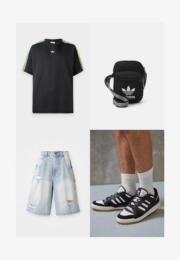 Melnā T-krekls, kas izgatavots no gludas auduma ar apaļu kakla izgriezumu, ar trim zaļām svītrām uz pleciem un mazu zaļu logo uz krūškurvja.; Gaiši zili džinsu šorti ar nolietojušos detaļām un plēsumiem. Brīvs piegrieziens ar standarta jostasvietu un priekšējām kabatām.; Melnas un baltas kedas ar zamša un ādas augšdaļu, kas aprīkotas ar trim baltām svītrām, perforētu purngali un gumijas zolēm.; Melna auduma crossbody soma ar rāvējslēdzēja aizdari, kurai ir balts Adidas logo un svītrainas regulējamas siksnas ērtiem pārvietošanās veidiem.