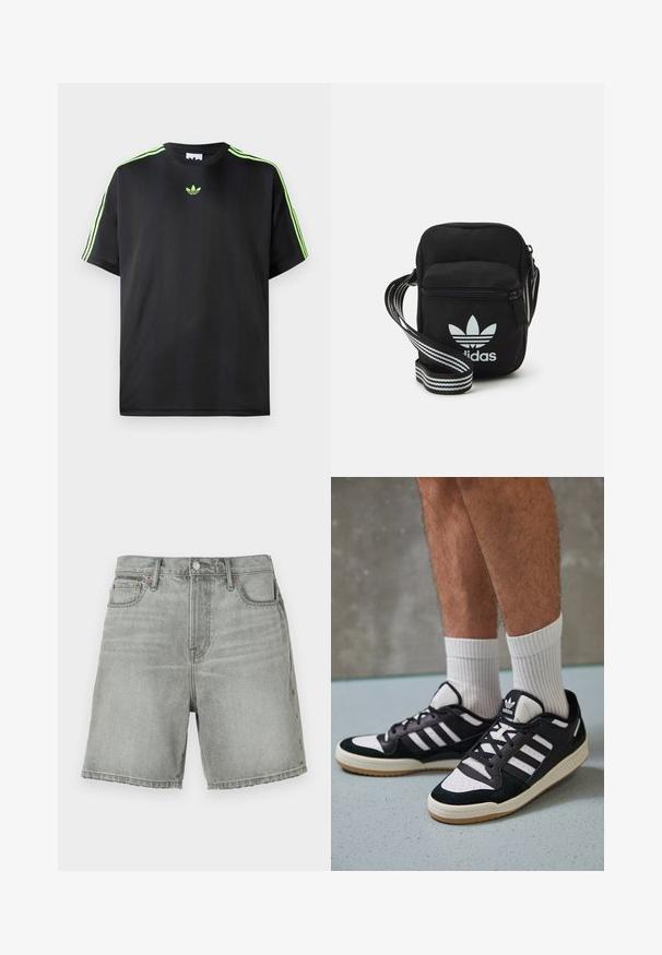 Zwarte T-shirt van gladde stof met een ronde halslijn, voorzien van drie groene strepen op de schouders en een klein groen logo op de borst.; Grijze denimshorts met een klassiek model, voorzien van een knoopsluiting, voorzakken en een onafgewerkt zoom. Subtiele vervaging over de stof.; Zwart-witte sneakers met een bovenwerk van suede en leer, voorzien van drie witte strepen, een geperforeerde neus en een rubberen gumzool.; Zwarte stoffen schoudertas met een ritssluiting, voorzien van een wit Adidas-logo en een gestreepte, verstelbare schouderband voor gemakkelijk dragen.