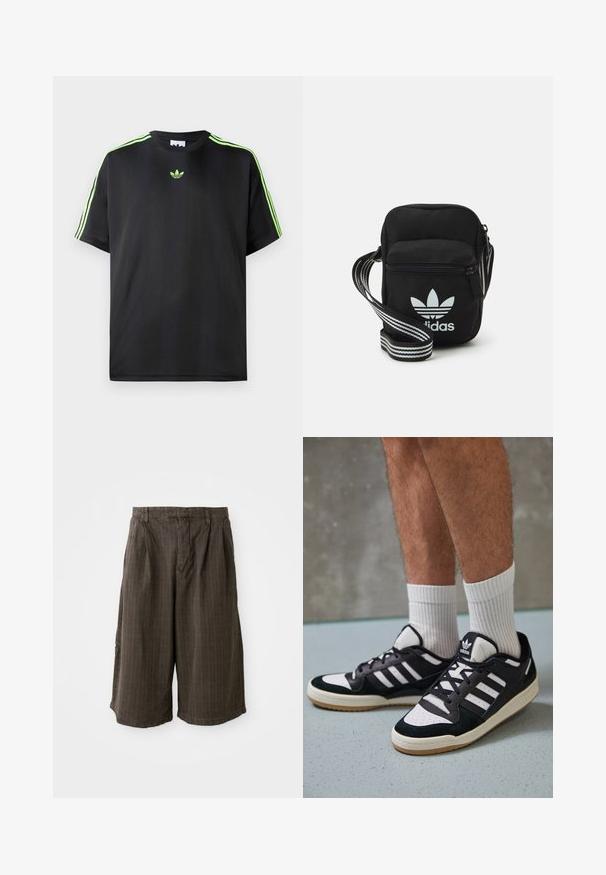 Black T-shirt made of smooth fabric with a crew neckline, featuring three green stripes on the shoulders and a small green logo on the chest.; Brown striped shorts with a loose fit. Made from lightweight fabric, featuring pleats and a cuffed hem for added detail.; Black and white sneakers with a suede and leather upper, featuring three white stripes, a perforated toe, and a gum rubber sole.; Black fabric crossbody bag with a zipper closure, featuring a white Adidas logo and a striped adjustable strap for easy carrying.