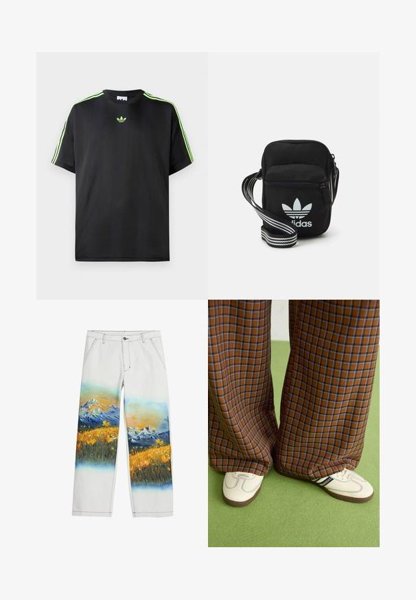 Black T-shirt made of smooth fabric with a crew neckline, featuring three green stripes on the shoulders and a small green logo on the chest.; Desigual LANDSCAPE - Trousers - white; Brown and blue plaid wide-leg trousers paired with white shoes featuring black accents and textured soles, set against a green background.; Black fabric crossbody bag with a zipper closure, featuring a white Adidas logo and a striped adjustable strap for easy carrying.