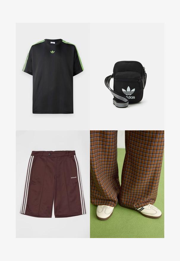 Svart T-shirt i slätt material med rund halsringning, med tre gröna ränder på axlarna och en liten grön logotyp på bröstet.; adidas Originals Shorts - shadow brown; Bruna och blå rutiga vida byxor i kombination med vita skor med svarta accenter och texturerade sulor, mot en grön bakgrund.; Svart tygaxelväska med dragkedjestängning, prydd med en vit Adidas-logga och ett randigt justerbart band för enkel bärning.