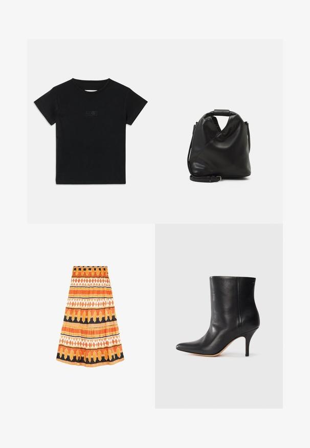 T-shirt en coton noir à manches courtes, col rond et un petit imprimé graphique dans une teinte plus claire sur le devant.; Jupe en coton orange avec des rayures horizontales de différentes nuances, agrémentée d'accents noirs et blancs et d'un design plissé. Taille élastique.; Bottine en cuir noir à bout pointu, avec un talon aiguille fin et une texture lisse. Design minimaliste sans matériel ou accents visibles.; Sac en cuir noir et doux avec un design torsadé unique. Doté d'une courte poignée et d'une bandoulière amovible. Style minimaliste.