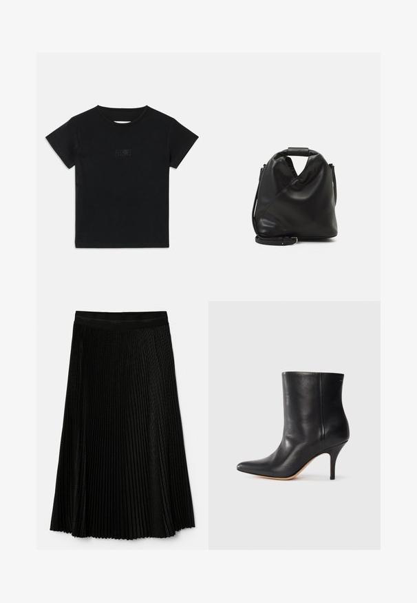 Schwarzes Baumwoll-T-Shirt mit kurzen Ärmeln, Rundhalsausschnitt und einem kleinen Grafikdruck in einem helleren Farbton auf der Vorderseite.; Schwarzer, plissierter Rock mit strukturiertem Design, elastischem Bund und geschichteten Falten für zusätzlichen Schwung und Tiefe.; Schwarze Leder-Ankle Boots mit spitzem Zeh, schlankem Stiletto-Absatz und glatter Textur. Minimalistisches Design ohne sichtbare Beschläge oder Akzente.; Schwarze, weiche Ledertasche mit einem einzigartigen verdrehten Design. Hat einen kurzen Griff und einen abnehmbaren Schultergurt. Minimalistischer Stil.