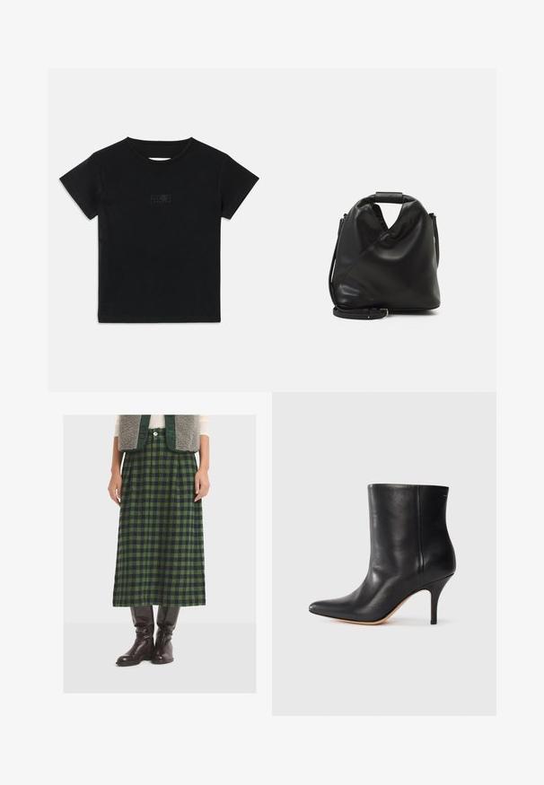 Schwarzes Baumwoll-T-Shirt mit kurzen Ärmeln, Rundhalsausschnitt und einem kleinen Grafikdruck in einem helleren Farbton auf der Vorderseite.; Grün und marineblau karierte Midirock aus strukturiertem Stoff, mit Falten und geradem Schnitt, kombiniert mit knielangen braunen Lederstiefeln.; Schwarze Leder-Ankle Boots mit spitzem Zeh, schlankem Stiletto-Absatz und glatter Textur. Minimalistisches Design ohne sichtbare Beschläge oder Akzente.; Schwarze, weiche Ledertasche mit einem einzigartigen verdrehten Design. Hat einen kurzen Griff und einen abnehmbaren Schultergurt. Minimalistischer Stil.