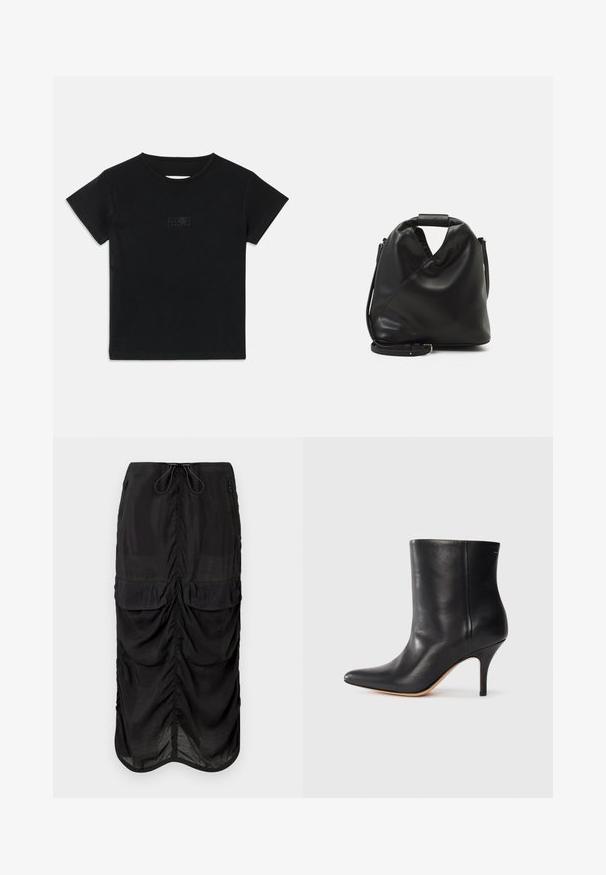 Sort bomulds T-shirt med korte ærmer, rund udskæring og et lille grafisk print i en lysere nuance på forsiden.; Sort midiskørt lavet af letvægtsstof. Indeholder samlet detaljer, to forlommer og en justerbar talje med snore.; Sort læder ankelstøvle med spids tå, slank stiletthæl og glat tekstur. Minimalistisk design uden synligt hardware eller accenter.; Sort, blødt lædertaske med et unikt snoet design. Har et kort håndtag og en aftagelig skulderrem. Minimalistisk stil.