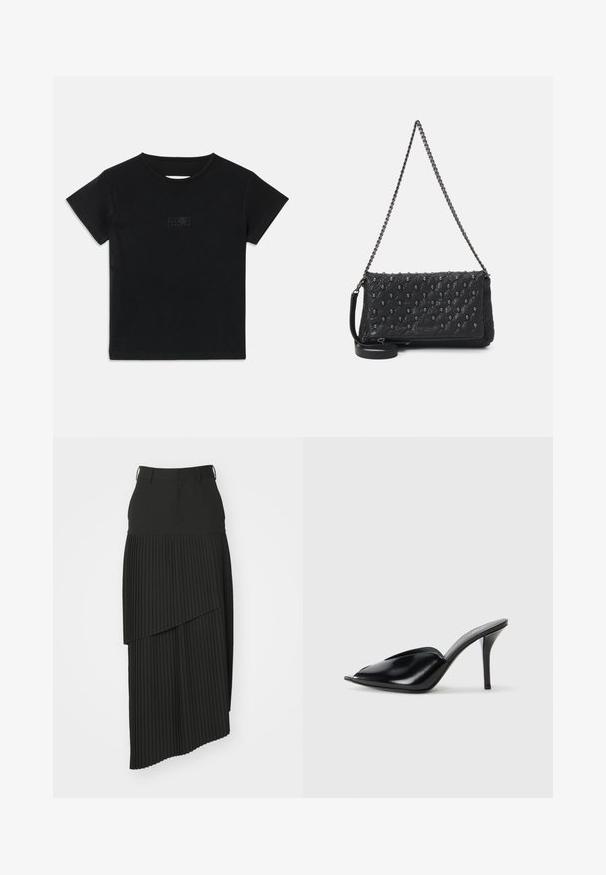 Melna kokvilnas T-kreklu ar īsām piedurknēm, apaļu dekoltē un nelielu grafisku attēlu gaišākā krāsā priekšpusē.; Melnā pleitotā midi svārku ar pieguļošu jostu, kurai ir slāņotas audums un gluda tekstūra. Ideāli piemērots formālai vai ikdienas valkāšanai.; Melnas ādas augstpapēžu mūlas ar atvērtu purngalu, vērptu dizainu, gludu tekstūru un šauru stilletu papēdi.; Melnā iešūta ādas soma ar ķēdes siksnu, ar īkšķa akcentiem un ar rāvējslēdzēju. Tekstūrēta virsma ar spīdīgu apdari.
