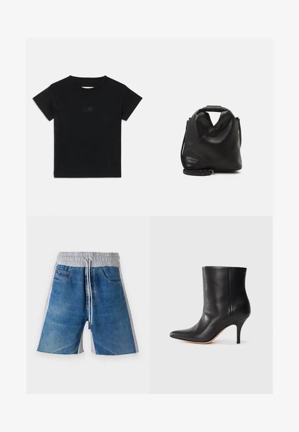T-shirt en coton noir à manches courtes, col rond et un petit imprimé graphique dans une teinte plus claire sur le devant.; Shorts en denim avec une taille élastique grise, dotés d'un cordon de serrage. Le design comprend des poches latérales et un aspect bicolore.; Bottine en cuir noir à bout pointu, avec un talon aiguille fin et une texture lisse. Design minimaliste sans matériel ou accents visibles.; Sac en cuir noir et doux avec un design torsadé unique. Doté d'une courte poignée et d'une bandoulière amovible. Style minimaliste.