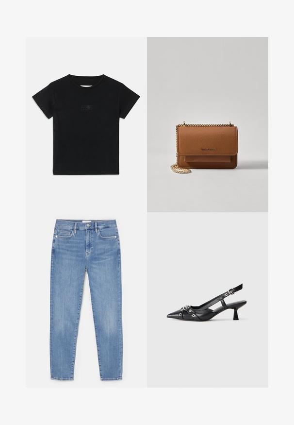 Must mustaga T-särk lühikeste varrukatega, ümar kaelus ja ees väikese heledama varjundiga graafiline trükk.; Heledad sinine teksapüksid, millel on vormitud disain, viis taskut, esine nupuga sulg ja nähtav õmblusõmbluste ääres.; Must must have must toote tõmblukuga, dekoratiivsed rihmad metallist silmadega ja madal blokk-kand. Tekstureeritud pind.; Pruun tekstureeritud nahk ristkeha kott kuldse ahelaga rihmaga ja klapiga sulgemine. Esiküljel on logo detail ja tasku klapi all.