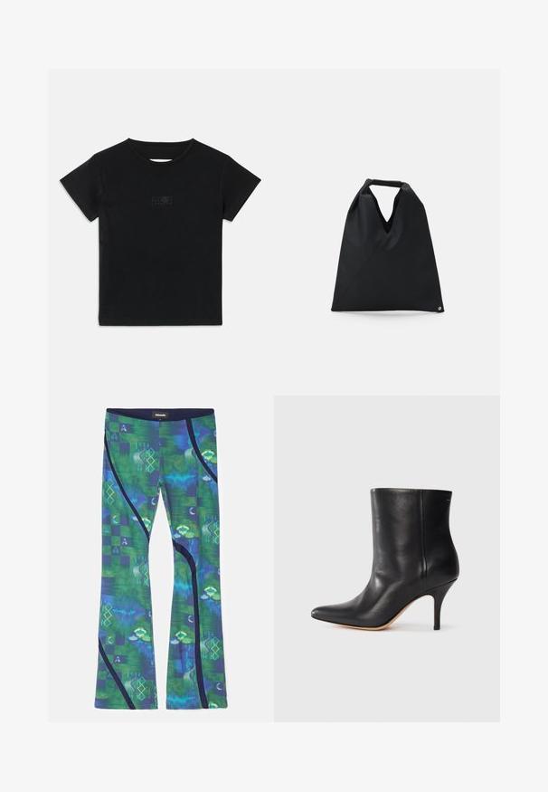 Fekete pamut póló rövid ujjakkal, kerek nyakkivágással és elöl egy kisebb, világosabb árnyalatú grafikával.; Többszínű, rugalmas anyagból készült leggings, zöld és kék mintákkal, geometriai formákkal és sötétkék részletekkel az oldalakon.; Fekete bőr bokacsizma hegyes orral, karcsú tűs sarkal és sima textúrával. Minimális dizájn, látható fémrészek vagy díszítések nélkül.; MM6 Maison Margiela SMALL JAPANESE - Bevásárlótáska - black