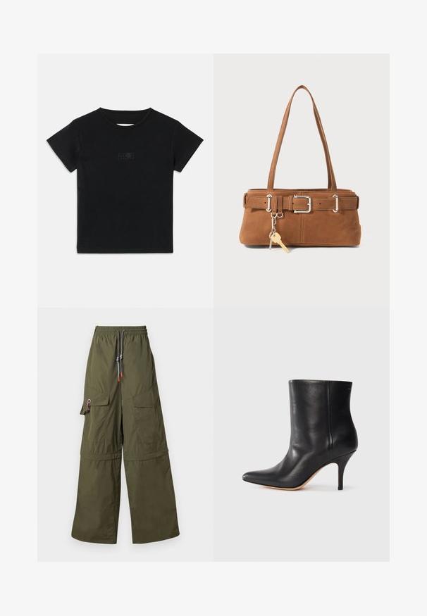 Crna pamučna majica s kratkim rukavima, okruglim izrezom i malim grafičkim otiskom svjetlije nijanse sprijeda.; Zelene široke cargo hlače od laganog materijala, s elastičnom waistbandom, višestrukim džepovima i karakterističnim detaljima na vezici.; Crne kožne gležnjače s izdignutim nosom, uskim stiletto potpeticama i glatkom teksturom. Minimalistički dizajn bez vidljivih hardverskih elemenata ili ukrasa.; Braon svilen rukavac sa strukturiranim oblikom, srebrnim hardverom, dva ramena remena i dekorativnim privjeskom koji je pričvršćen.