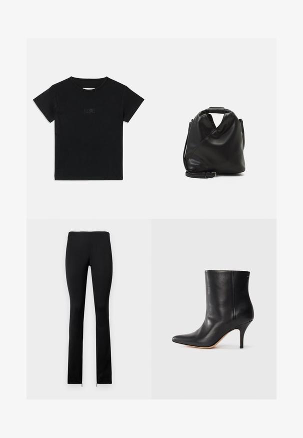 Juodas medvilnės marškinėliai su trumpomis rankovėmis, apvaliu iškirpimu ir maža grafika šviesesnėje atspalvyje priekyje.; Juodos, prigludusios legginsai su sklandžiu paviršiumi, turintys aukštą liemenį ir užtrauktukus prie kulkšnies patogesniam užsidėjimui. Paprastas, minimalistinis dizainas.; Juodos odinės kulkšninių botų su smailiu nosiu, siauru stiletto kulnu ir lygia tekstūra. Minimalistinis dizainas, be matomų aparatūros ar akcentų.; Juodas, minkštas odinis krepšys su unikaliu išsuktiniu dizainu. Yra trumpas rankenas ir nuimamas peties diržas. Minimalistinis stilius.