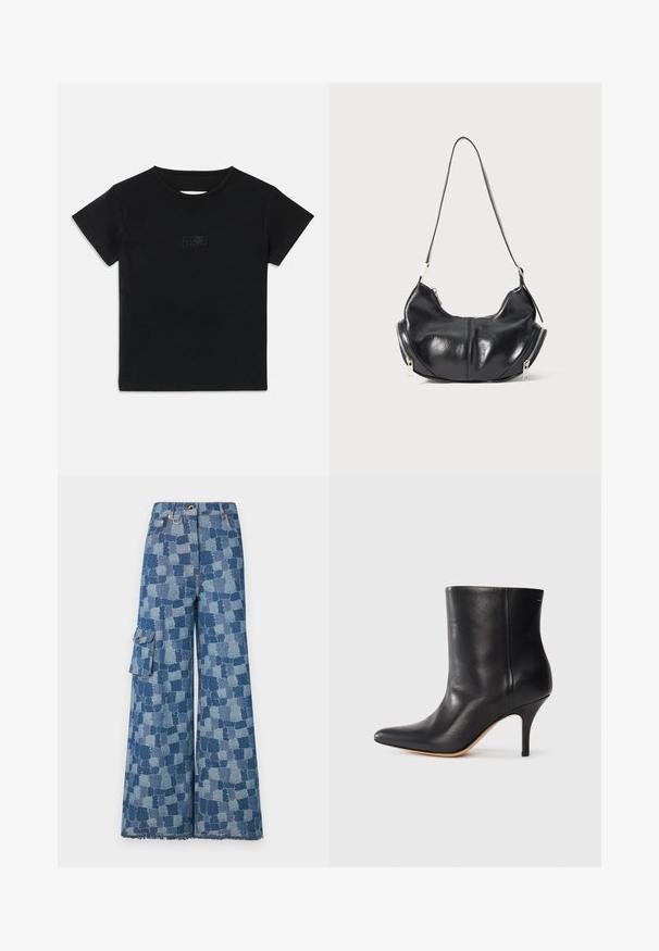 Black cotton T-shirt with short sleeves, round neckline, and a small graphic print in a lighter shade on the front.; Wide-leg jeans in blue denim featuring a large patchwork pattern, frayed hem, and side pocket with button detail.; Black leather ankle boot with pointed toe, slim stiletto heel, and smooth texture. Minimalist design with no visible hardware or accents.; Black leather crescent-shaped shoulder bag with silver zippers on both sides and a single strap.