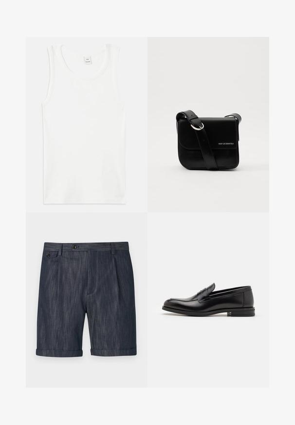 Balta medvilninė be rankovių marškinėlių su apvaliu kaklu. Lygus paviršius ir tiesus pjūvis, be raštų ar puošmenų.; Tamsiai mėlynos šortai, pagaminti iš tekstūruoto audinio, su sulenkta apatine krašto dalimi, priekinėmis klostėmis ir vienu mygtuko užsegimu ant liemens.; Juodos odinės loafers, turinčios lygų paviršių, apvalią noselę ir dekoratyvinę juostą per priekinę dalį. Žemas krentantis kulnas, minimalistinis dizainas.; WANT Les Essentiels ARCH CROSSBODY UNISEX - Rankinė per petį - black