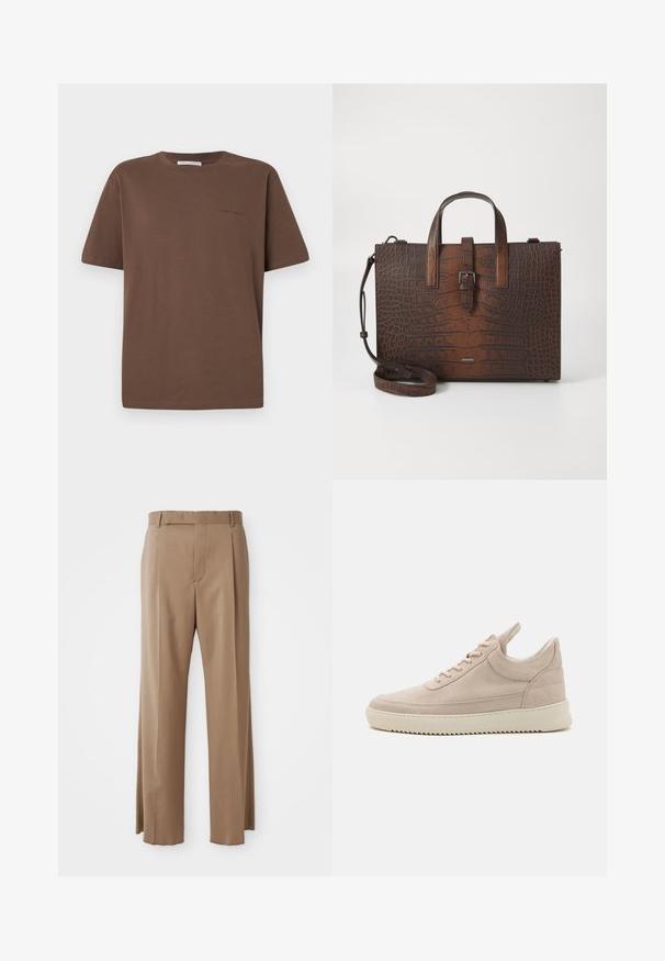 Barna pamut póló kerek nyakkivágással, rövid ujjakkal és egy kis logóval az elején. Sima textúrájú anyag, laza fazon.; Világosbarna, testhez szabott nadrág egyenes szabással, övfokkal, elülső varrással és rejtett záródással, fehér háttéren laposan elhelyezve.; Beige velúr sneaker, lekerekített orral, fehér talppal és sima fűzőkkel. Hátsó kihúzófüllel és texturált oldalsó panelekkel rendelkezik.; Barna krokodilbőr hatású bőr kézitáska tetejére erősített füllel és levehető vállpánttal. Csattal záródik, és téglalap alakú.