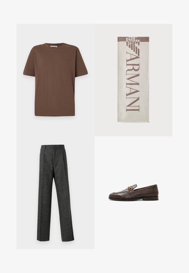 T-shirt in cotone marrone con collo rotondo, maniche corte e un piccolo logo stampato sul davanti. Tessuto piatto, vestibilità casual.; Pantaloni grigi su misura realizzati in tessuto strutturato, con due pieghe frontali e un design a gamba dritta. Nessuna tasca o decorazione visibile.; Mocassino in pelle con motivo coccodrillo marrone scuro, con fibbia in metallo dorato e tacco basso impilato, vista laterale su sfondo bianco.; Sciarpa beige con logo "ARMANI" in marrone. Forma rettangolare con una texture morbida e bordi frangiati. Design minimalista, materiale di alta qualità.