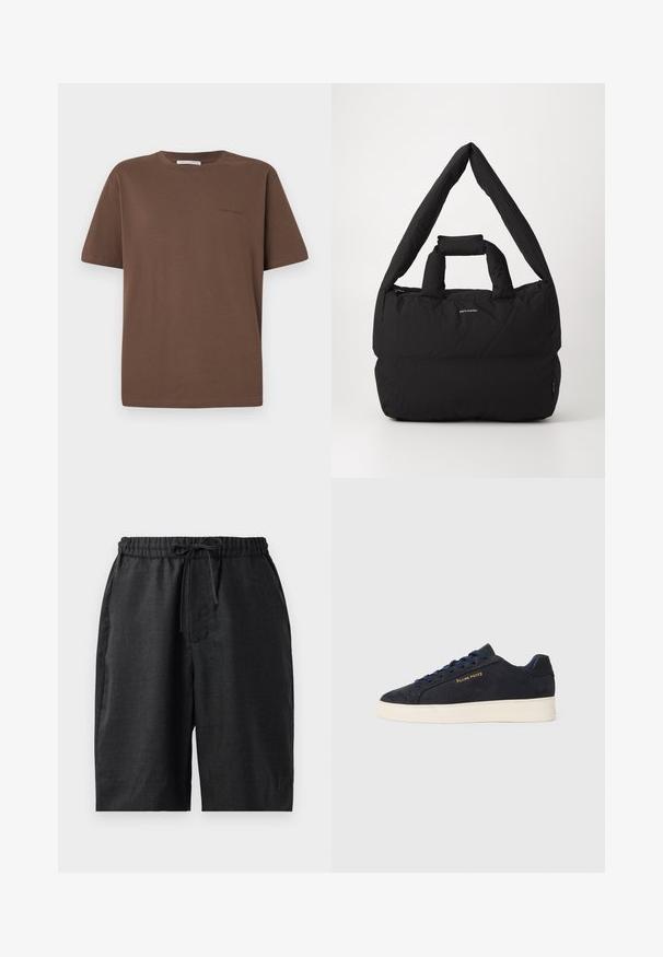 Hnědá bavlněná tričko s kulatým výstřihem, krátkými rukávy a malým logem potištěným na přední straně. Hladká textilie, volný střih.; Černé kraťasy po kolena s elastickým pasem a šňůrkou. Hladký materiál s dvěma bočními kapsami, jednoduchý design a žádné viditelné vzory.; Námornická modrá semišová nízká obuv s bílou podrážkou, námořnickými tkaničkami a zlatým logem "Filling Pieces" na boku.; Černá polstrovaná taška s širokým, měkkým ramenním popruhem a horním držadlem. Má zipové uzavření a decentní logo na přední straně.
