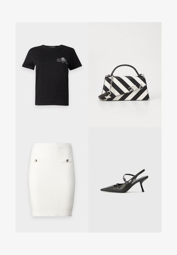 Black short-sleeve t-shirt made of cotton. Features a white graphic with the text "KARL" and a stylized figure on the chest. Round neckline.; White ribbed knit mini skirt with silver button accents on front pockets and a fitted silhouette, featuring a soft texture and elastic waistband.; Black leather slingback heels with a pointed toe, slender heel, and decorative buckle detail on the vamp. Smooth texture and sleek design.; Black and white striped handbag with a structured shape, featuring a top handle, a detachable chain strap, and metallic logo accent.